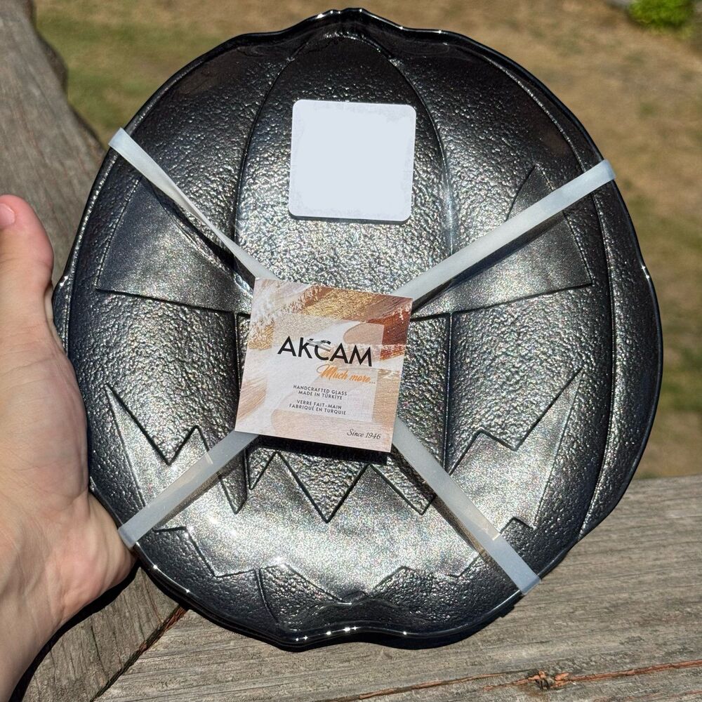 NEW Akcam Turkish Glass Set of 4 Plates 8” Black Jack-o-lantern Pumpkins